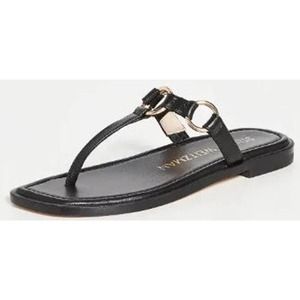 Stuart Weitzman Lalita Flat Leather Sandals Size 8.5 Black Lacquered Shoes